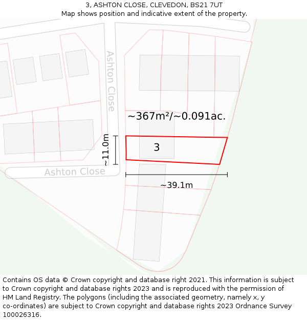 3, ASHTON CLOSE, CLEVEDON, BS21 7UT: Plot and title map