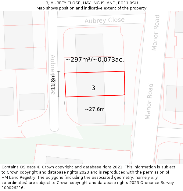 3, AUBREY CLOSE, HAYLING ISLAND, PO11 0SU: Plot and title map