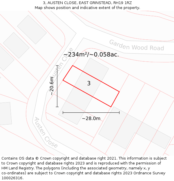 3, AUSTEN CLOSE, EAST GRINSTEAD, RH19 1RZ: Plot and title map