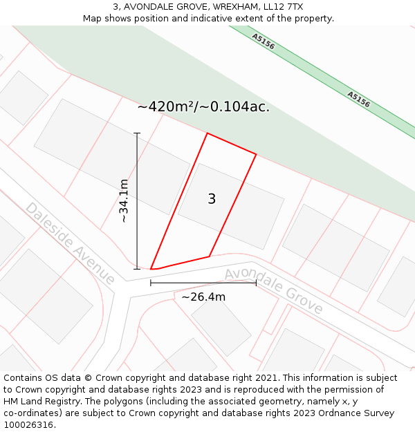 3, AVONDALE GROVE, WREXHAM, LL12 7TX: Plot and title map