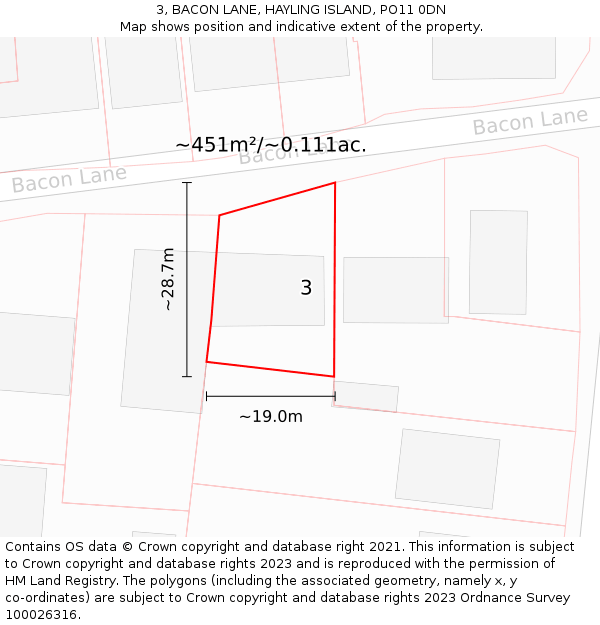 3, BACON LANE, HAYLING ISLAND, PO11 0DN: Plot and title map