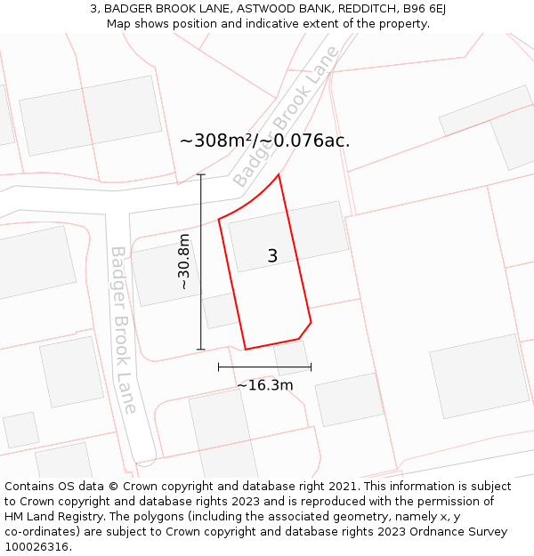 3, BADGER BROOK LANE, ASTWOOD BANK, REDDITCH, B96 6EJ: Plot and title map