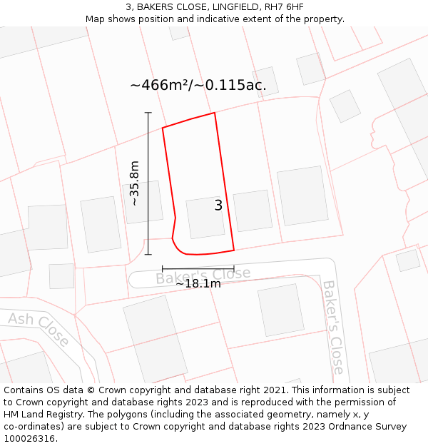 3, BAKERS CLOSE, LINGFIELD, RH7 6HF: Plot and title map