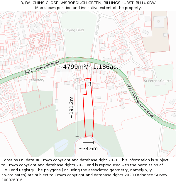 3, BALCHINS CLOSE, WISBOROUGH GREEN, BILLINGSHURST, RH14 0DW: Plot and title map