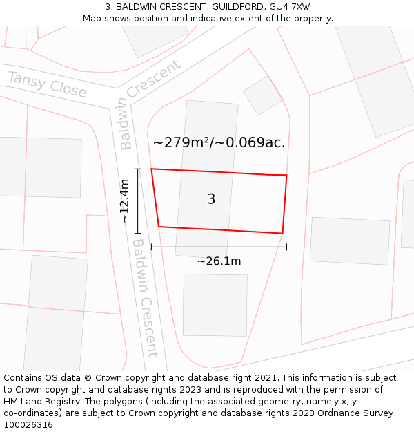 3, BALDWIN CRESCENT, GUILDFORD, GU4 7XW: Plot and title map