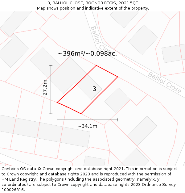 3, BALLIOL CLOSE, BOGNOR REGIS, PO21 5QE: Plot and title map