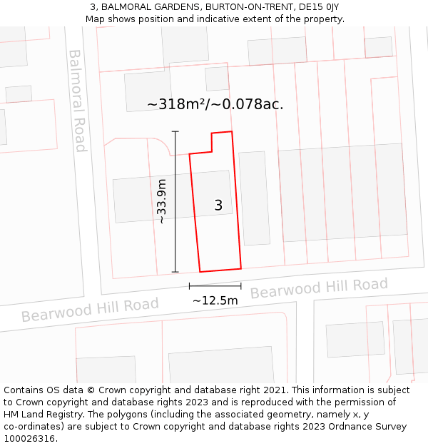 3, BALMORAL GARDENS, BURTON-ON-TRENT, DE15 0JY: Plot and title map