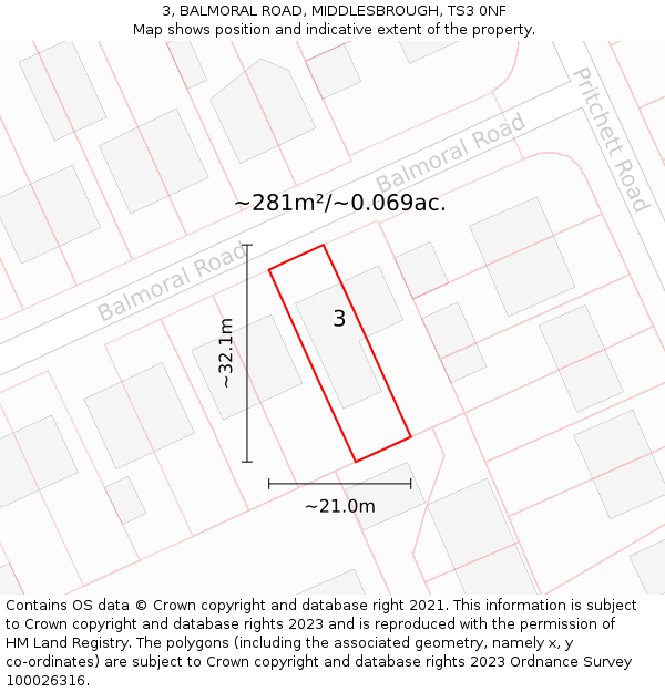 3, BALMORAL ROAD, MIDDLESBROUGH, TS3 0NF: Plot and title map