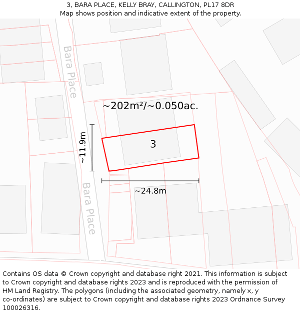 3, BARA PLACE, KELLY BRAY, CALLINGTON, PL17 8DR: Plot and title map