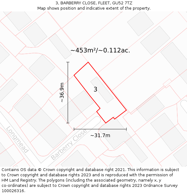 3, BARBERRY CLOSE, FLEET, GU52 7TZ: Plot and title map