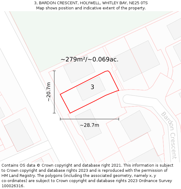 3, BARDON CRESCENT, HOLYWELL, WHITLEY BAY, NE25 0TS: Plot and title map