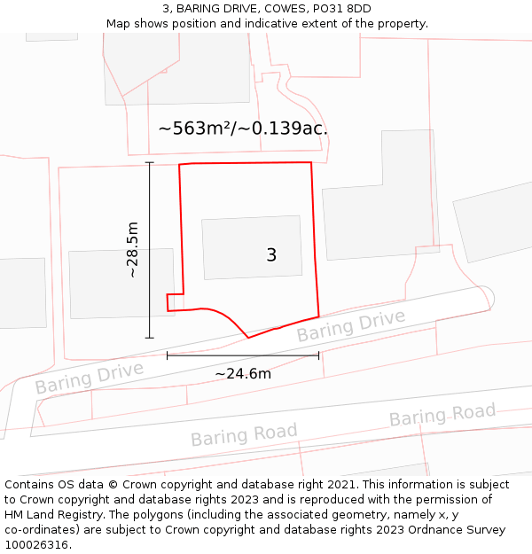 3, BARING DRIVE, COWES, PO31 8DD: Plot and title map