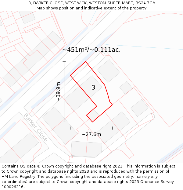 3, BARKER CLOSE, WEST WICK, WESTON-SUPER-MARE, BS24 7GA: Plot and title map