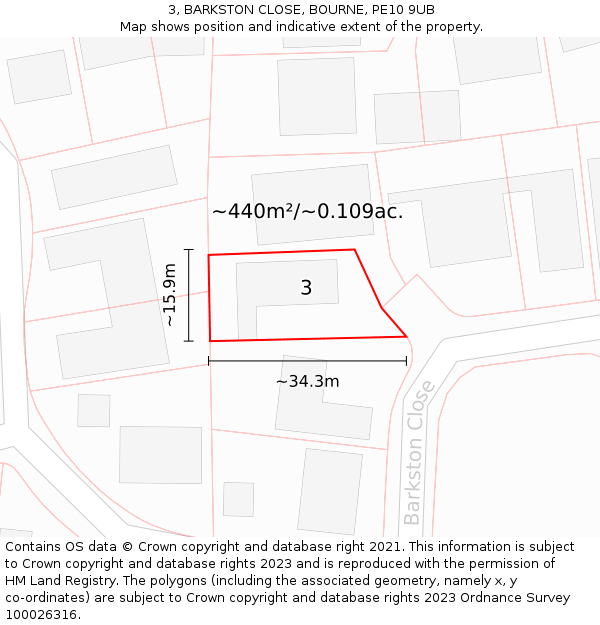 3, BARKSTON CLOSE, BOURNE, PE10 9UB: Plot and title map