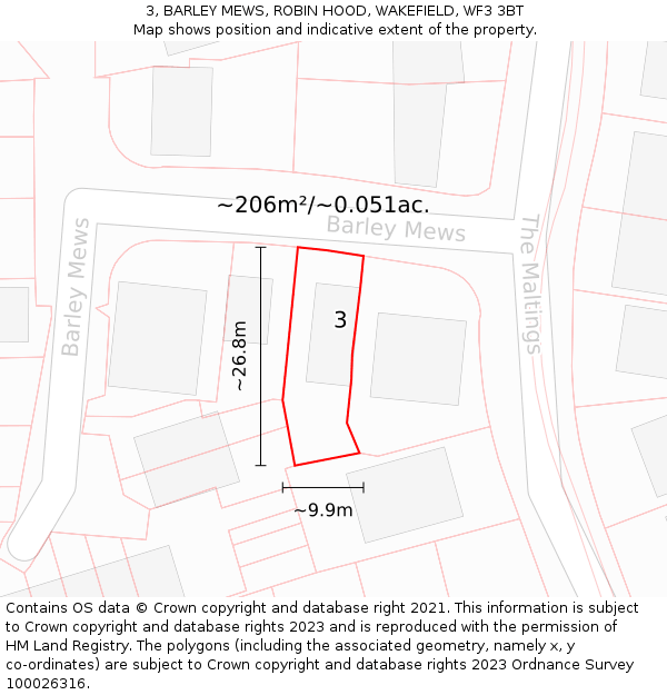 3, BARLEY MEWS, ROBIN HOOD, WAKEFIELD, WF3 3BT: Plot and title map