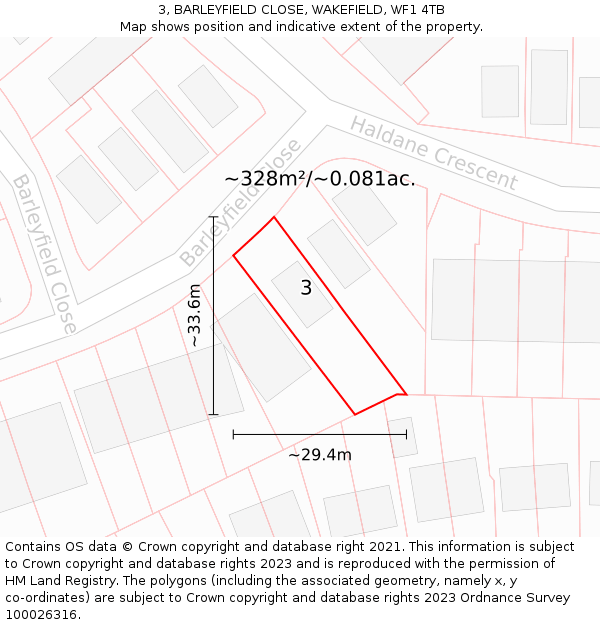 3, BARLEYFIELD CLOSE, WAKEFIELD, WF1 4TB: Plot and title map