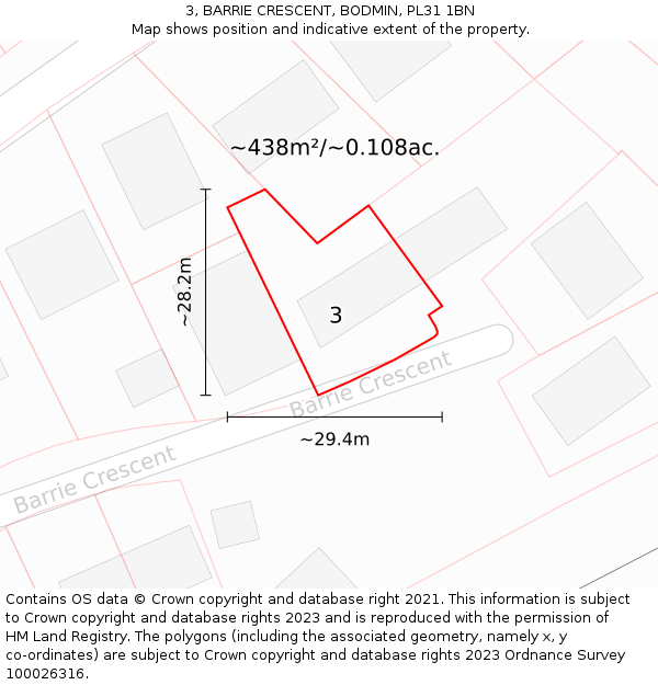 3, BARRIE CRESCENT, BODMIN, PL31 1BN: Plot and title map