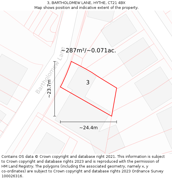 3, BARTHOLOMEW LANE, HYTHE, CT21 4BX: Plot and title map