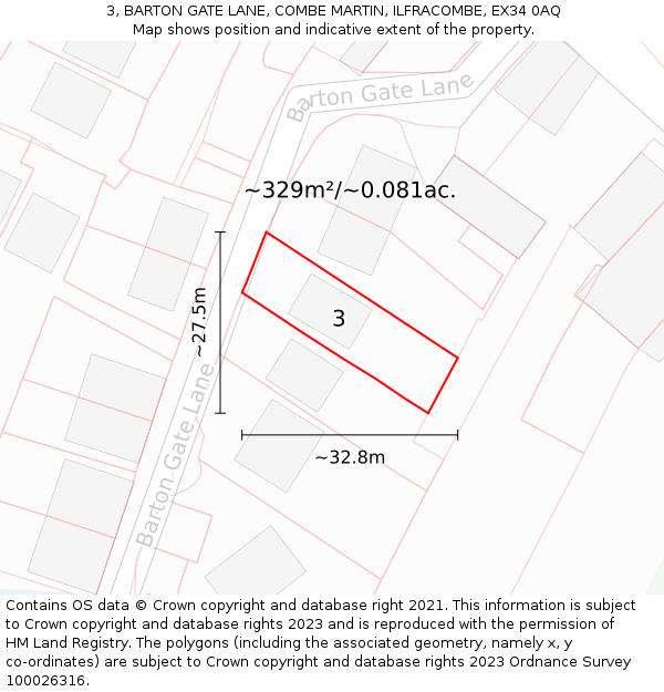 3, BARTON GATE LANE, COMBE MARTIN, ILFRACOMBE, EX34 0AQ: Plot and title map