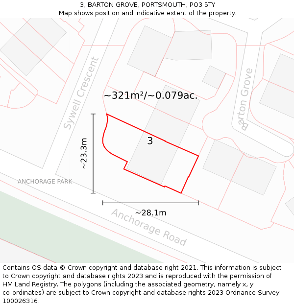 3, BARTON GROVE, PORTSMOUTH, PO3 5TY: Plot and title map