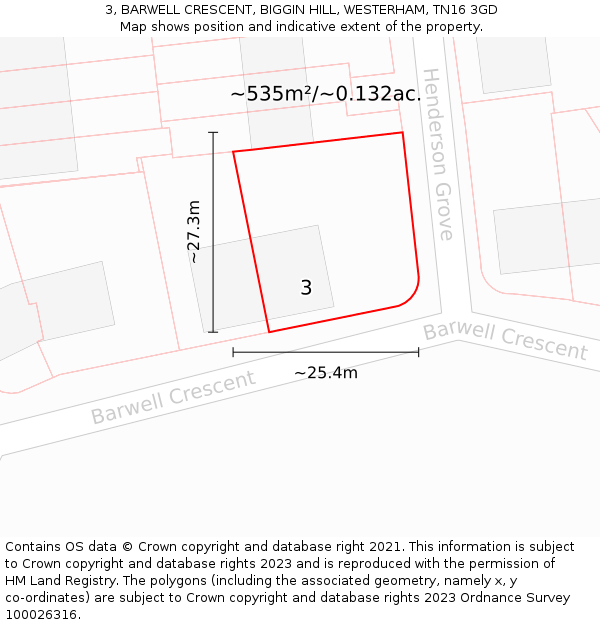 3, BARWELL CRESCENT, BIGGIN HILL, WESTERHAM, TN16 3GD: Plot and title map