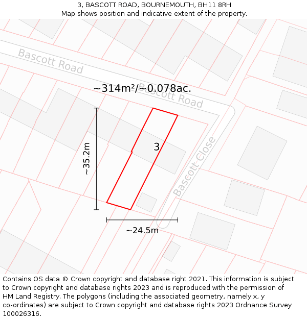 3, BASCOTT ROAD, BOURNEMOUTH, BH11 8RH: Plot and title map
