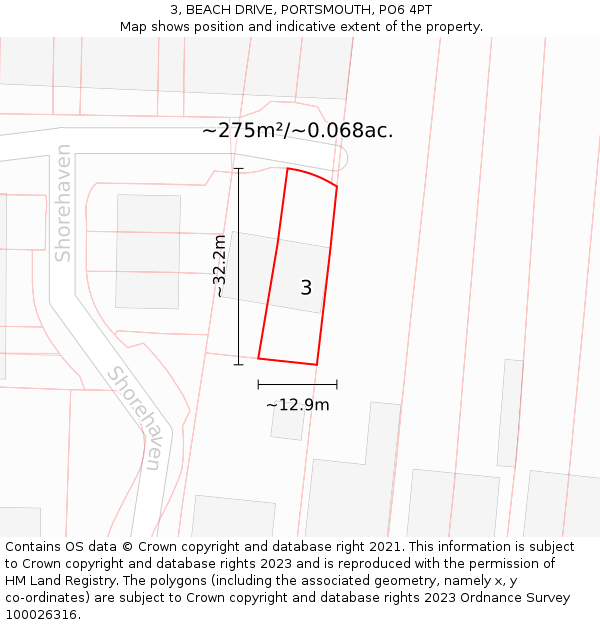 3, BEACH DRIVE, PORTSMOUTH, PO6 4PT: Plot and title map