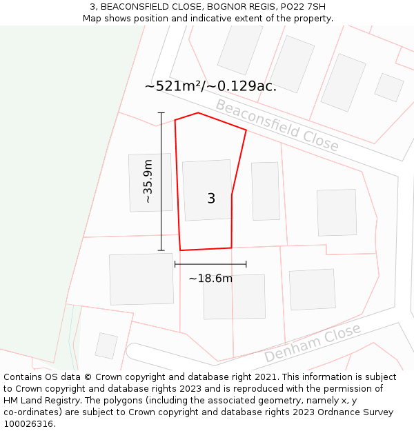 3, BEACONSFIELD CLOSE, BOGNOR REGIS, PO22 7SH: Plot and title map