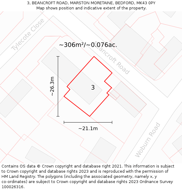 3, BEANCROFT ROAD, MARSTON MORETAINE, BEDFORD, MK43 0PY: Plot and title map