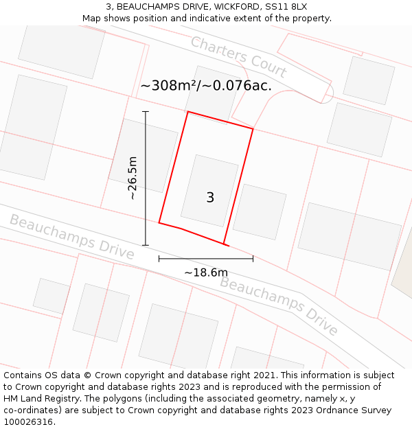 3, BEAUCHAMPS DRIVE, WICKFORD, SS11 8LX: Plot and title map