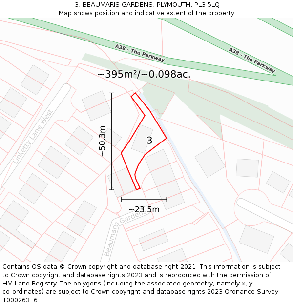 3, BEAUMARIS GARDENS, PLYMOUTH, PL3 5LQ: Plot and title map