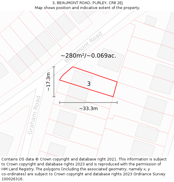 3, BEAUMONT ROAD, PURLEY, CR8 2EJ: Plot and title map