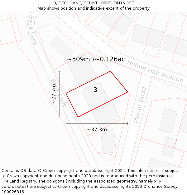 3, BECK LANE, SCUNTHORPE, DN16 3SE: Plot and title map