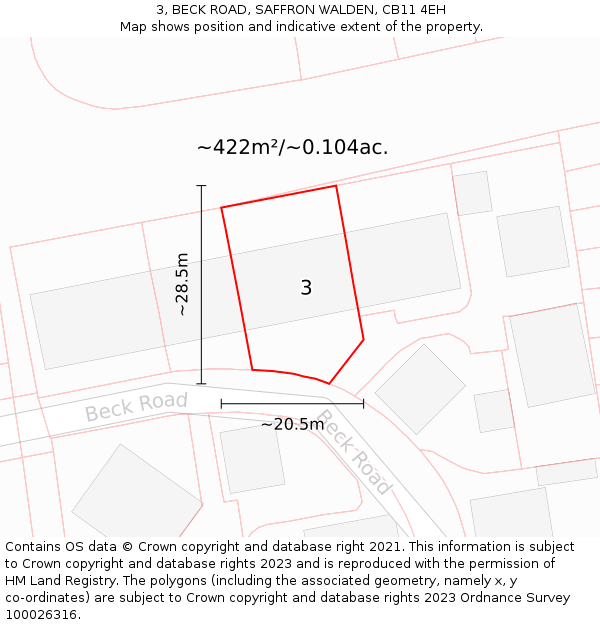 3, BECK ROAD, SAFFRON WALDEN, CB11 4EH: Plot and title map