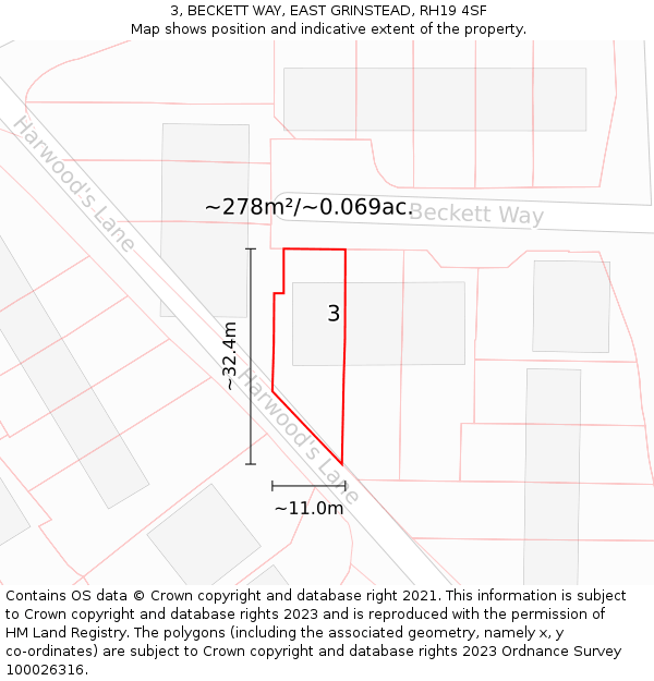 3, BECKETT WAY, EAST GRINSTEAD, RH19 4SF: Plot and title map