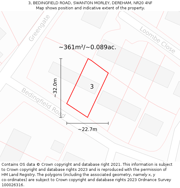 3, BEDINGFIELD ROAD, SWANTON MORLEY, DEREHAM, NR20 4NF: Plot and title map