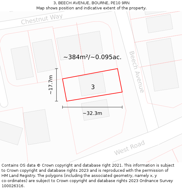 3, BEECH AVENUE, BOURNE, PE10 9RN: Plot and title map