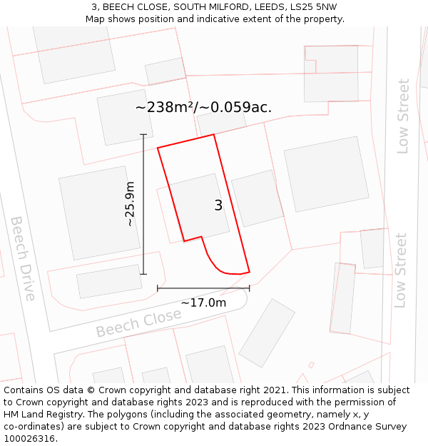 3, BEECH CLOSE, SOUTH MILFORD, LEEDS, LS25 5NW: Plot and title map