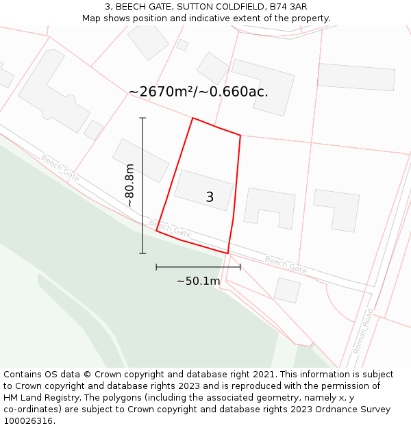 3, BEECH GATE, SUTTON COLDFIELD, B74 3AR: Plot and title map