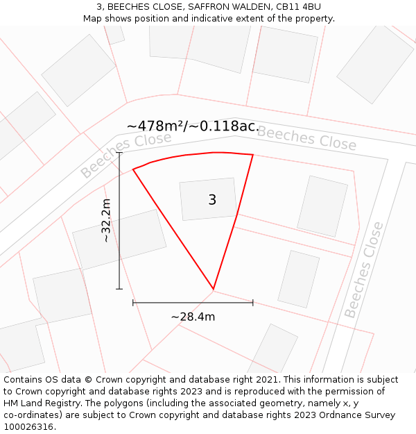 3, BEECHES CLOSE, SAFFRON WALDEN, CB11 4BU: Plot and title map