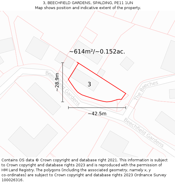 3, BEECHFIELD GARDENS, SPALDING, PE11 1UN: Plot and title map