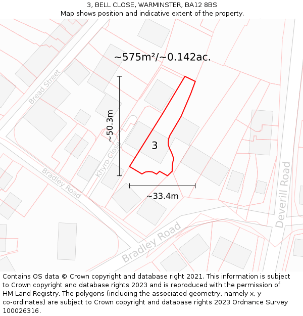 3, BELL CLOSE, WARMINSTER, BA12 8BS: Plot and title map