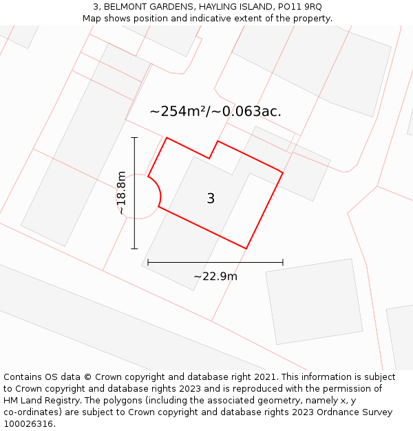 3, BELMONT GARDENS, HAYLING ISLAND, PO11 9RQ: Plot and title map