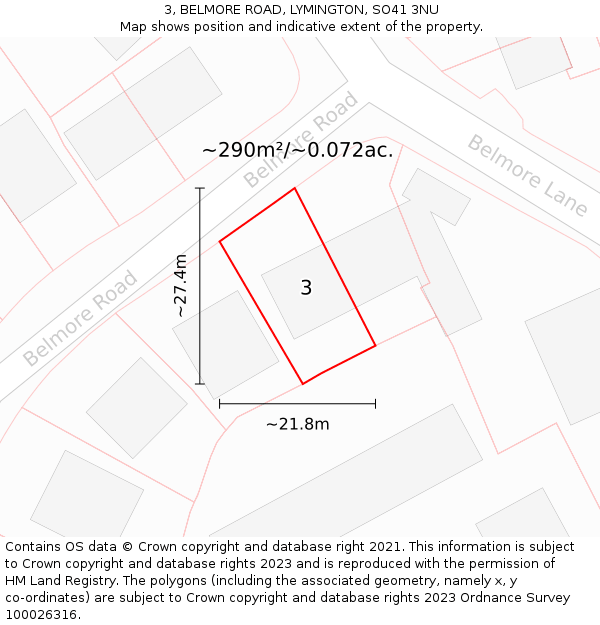 3, BELMORE ROAD, LYMINGTON, SO41 3NU: Plot and title map