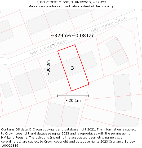 3, BELVEDERE CLOSE, BURNTWOOD, WS7 4YR: Plot and title map