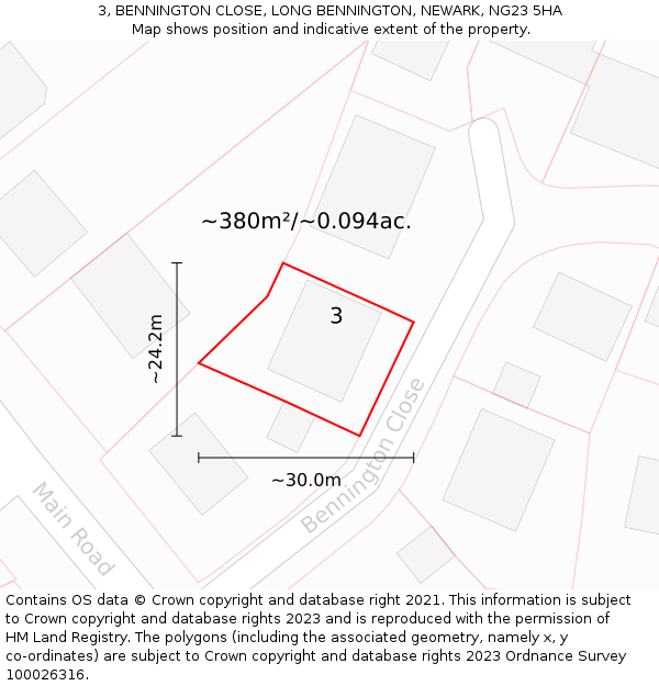 3, BENNINGTON CLOSE, LONG BENNINGTON, NEWARK, NG23 5HA: Plot and title map