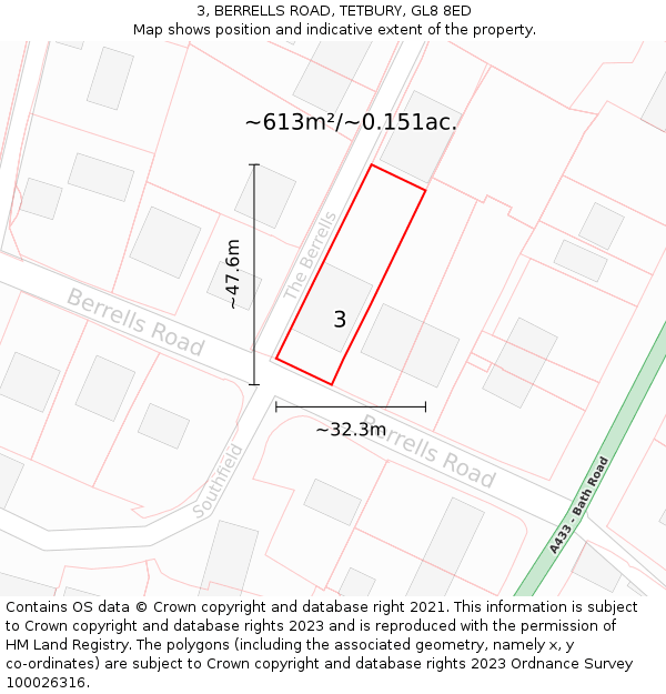 3, BERRELLS ROAD, TETBURY, GL8 8ED: Plot and title map