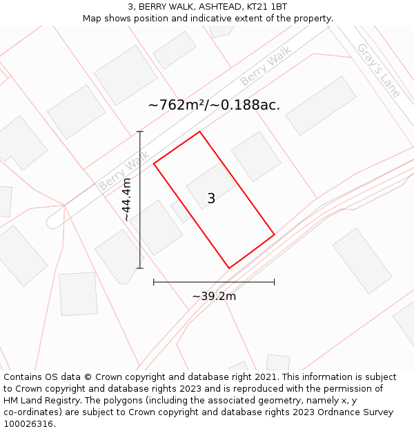 3, BERRY WALK, ASHTEAD, KT21 1BT: Plot and title map