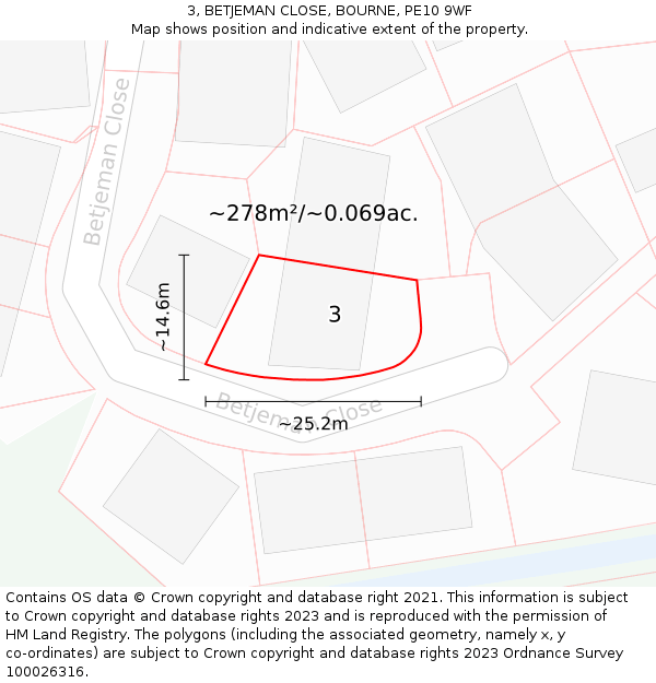 3, BETJEMAN CLOSE, BOURNE, PE10 9WF: Plot and title map