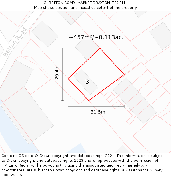 3, BETTON ROAD, MARKET DRAYTON, TF9 1HH: Plot and title map